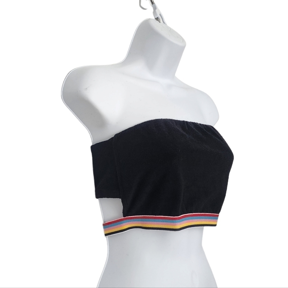 Forever 21 Womens Knit Terrycloth Black Cut Out Back Crop Tube Top Rainbow Trim.
